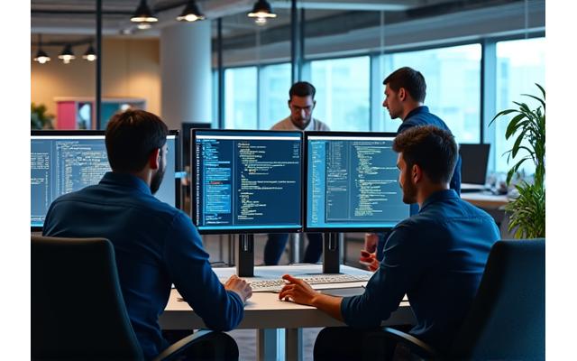 Team of software developers collaborating on a project in a modern, open-concept tech office.