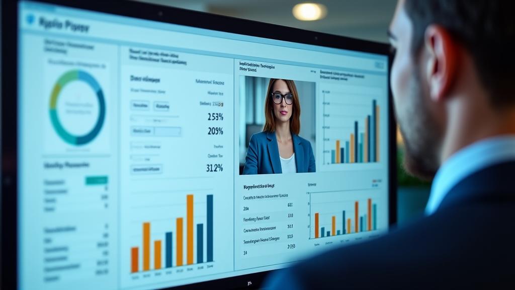 A dashboard display showing key performance indicators (KPIs) and graphs, with a remote worker engaged in a virtual meeting on another screen, symbolizing data-driven remote performance management.
